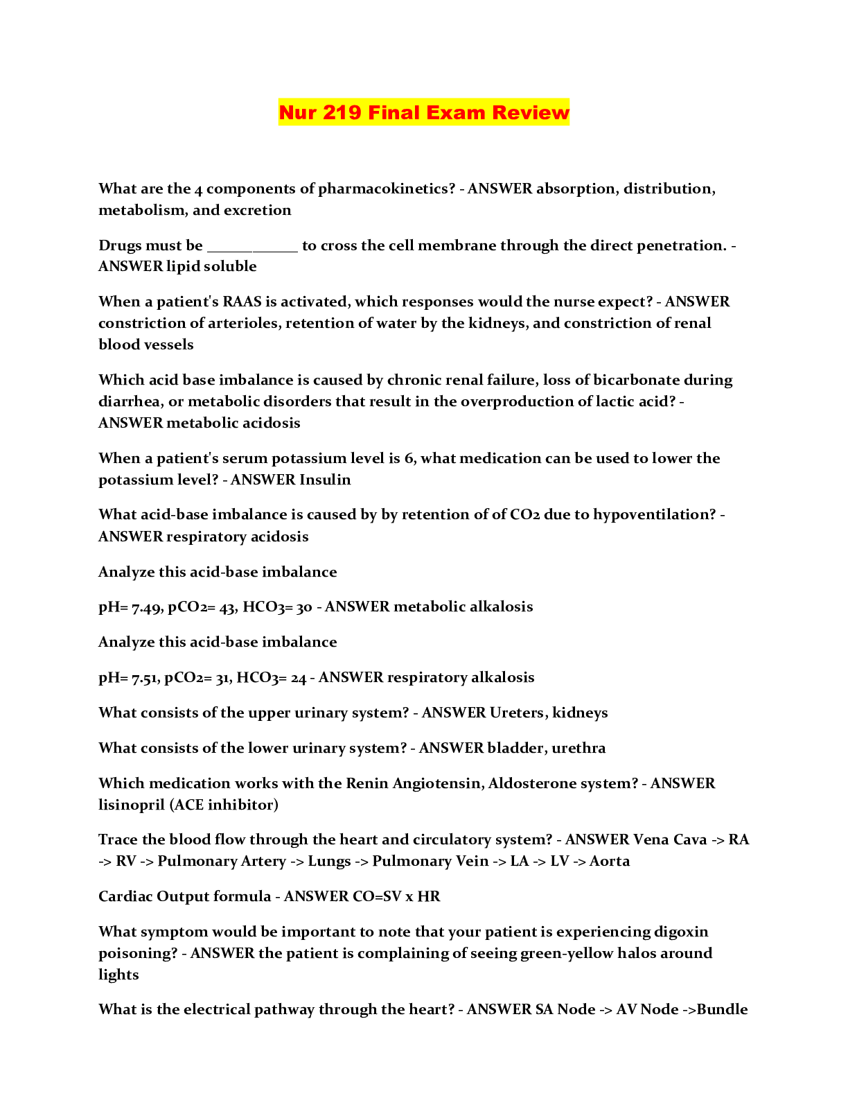 Preview image of Nur 219 Final Exam Review document